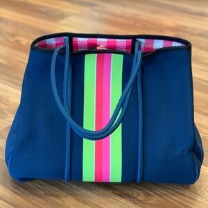 Taylor Gray Melissa Perforated Navy w/Pink Lime Green Stripe Neoprene Tote NEW